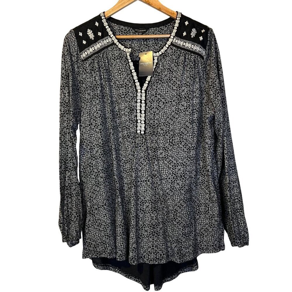 NWT‎ Lucky Brand Black & White Embroidered Long Sleeve Tunic Blouse 1X Boho